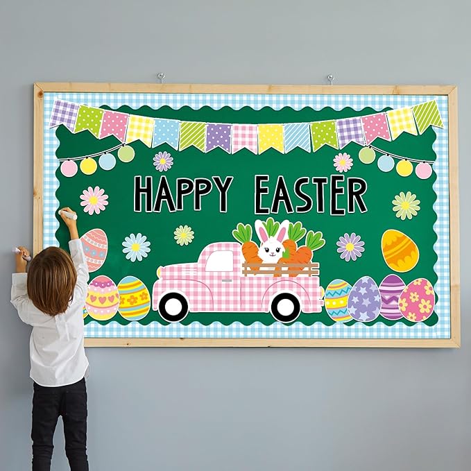 ZOiiWA 104 Pcs Easter Classroom Bulletin Board Decoration Happy Easter Bulletin Board Set Easter Truck Bulletin Board Set Easter Bunny and Eggs Cutouts for School Blackboard Nursery Home Wall Decor