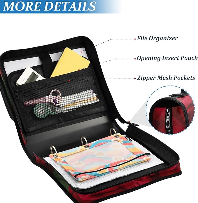 Red Rose Black Roses Zipper Binder Bag 3 Ring Binder with Shoulder Strap Zip Up 500 Sheets Capacity Multi Pockets for School Office Supplies