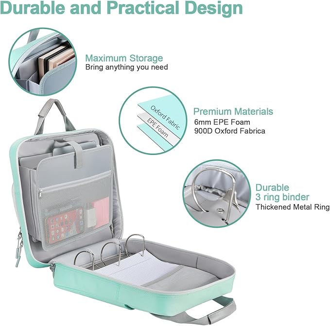 4 Inch 3 Ring Zipper Binder D-Ring, Multi-Pocket School & Office Binder Organizer, 800 Sheet Capacity, Compatible with 13-Inch MacBook (Patent Design Light Blue)