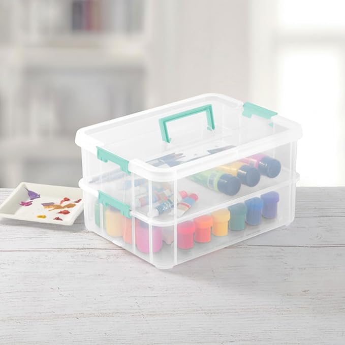 Sterilite 4-Pack Stack & Carry, 2 Layer Handle Box for Home & Office Storage - Clear Base & Lid with Color Latches, Organizer for Art & Craft Supplies, Sewing Tools or 8.5" x 11" Paper
