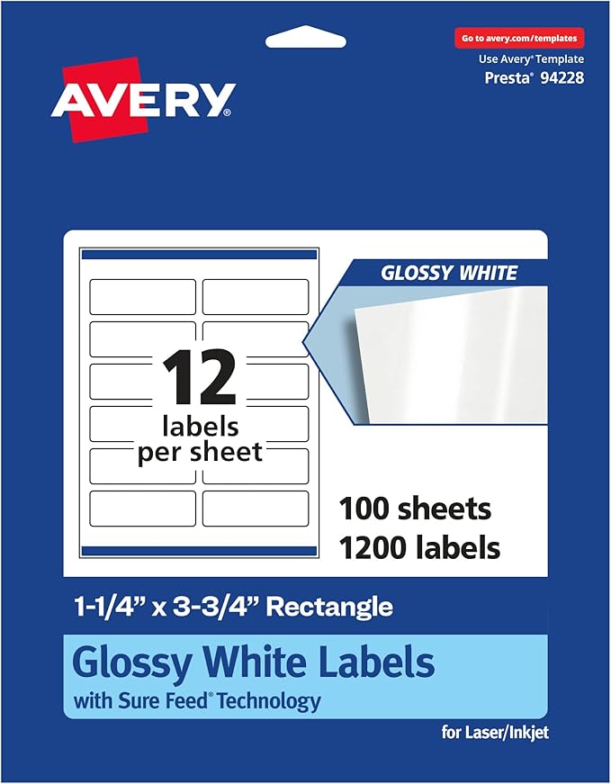 Avery Glossy White Rectangle Labels, Sure Feed Technology, 1.25" x 3.75", 1,200 Glossy White Labels, Print-to-The-Edge, Permanent Adhesive, Laser/Inkjet Printable