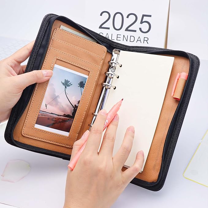Black A6 Budget Binder Zipper PU Leather Binders Cover Refillable 6 Rings Loose Leaf Binding Cover for Planner Traveller Journal Accessories Supplies (Black A6 Binder)