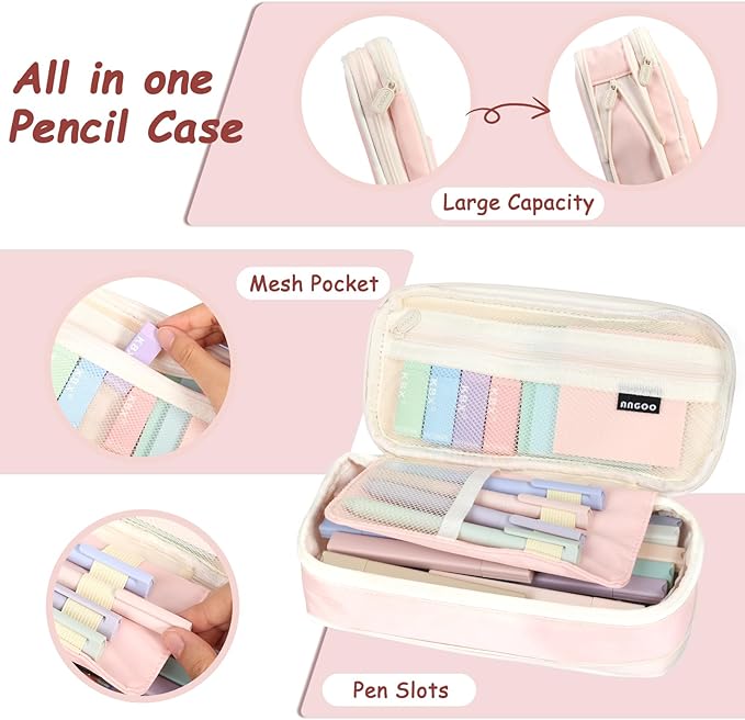 72 PCS Pencil Case with Supplies, Aesthetic School Supplies, 12 Highlighters, Colored & Black Ink Gel Pens, 6 Mechanical Pencils Set, Essentials Stationary Set, Pink