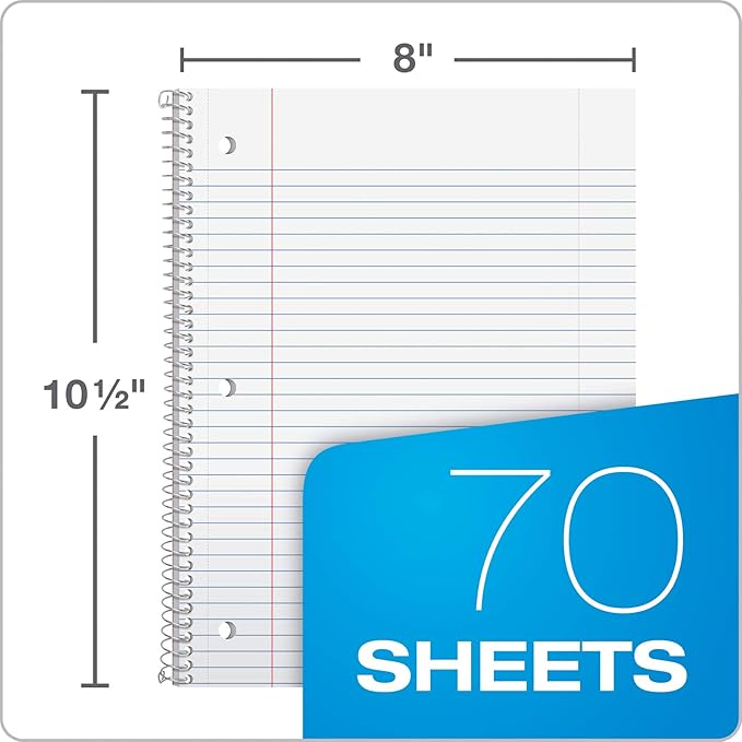 Oxford Spiral Notebook, 1 Subject, College Ruled Paper, 8 x 10-1/2 Inch, Pastel Pink, Orange, Yellow, Green, Blue and Purple, 70 Sheets (63756) Set of 6 (Pack of 8)