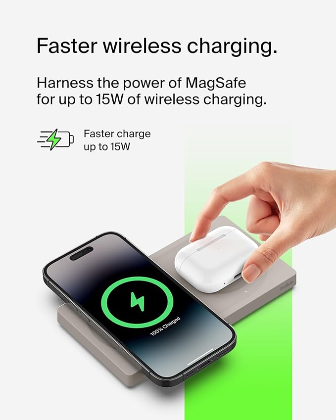 Belkin MagSafe-Compatible 2-in-1 Wireless Charger 15W, Fast Charging Station for iPhone 16, 15, 14, 13 Series, AirPods, and More - Dual Device Charging Pad - Sand