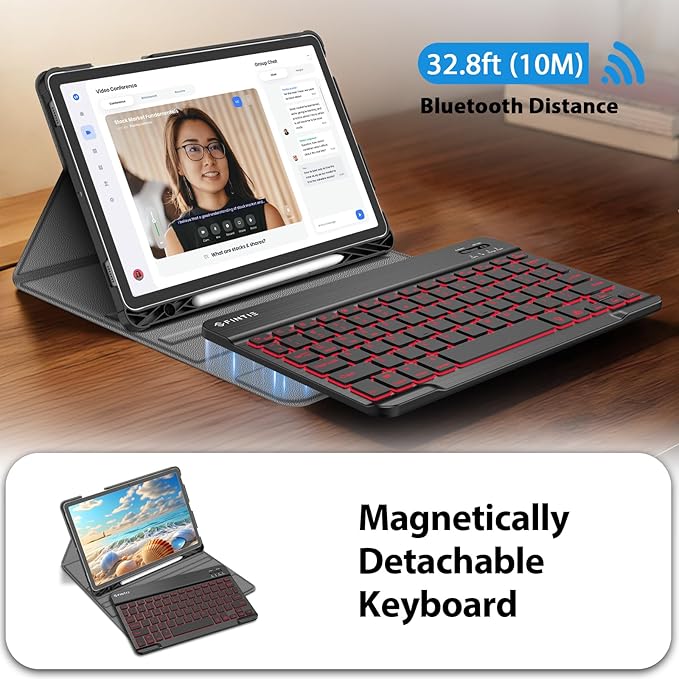 Fintie Backlit Keyboard Case for Samsung Galaxy Tab S10 Lite/ S10 FE/ S9 FE 5G 10.9 Inch/Tab S9 11 Inch with S Pen Holder, Detachable 7-Color Backlight Bluetooth Keyboard Protective Stand Cover, Black