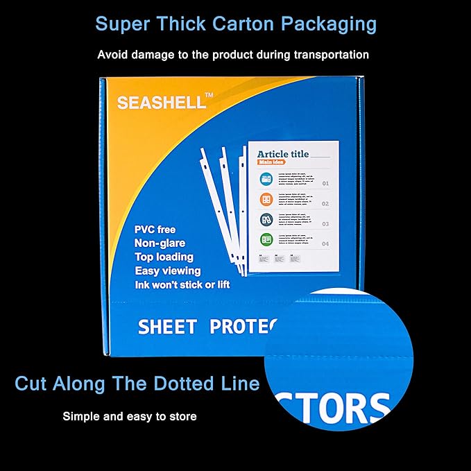 Seashell 200PCS Heavy Duty Non-Glare Sheet Protectors, Letter Size Page Protectors Reinforced 3-Hole, Plastic Sleeves for 3 Ring Binder, Top Loading for 8.5 x 11 Inch Sheets