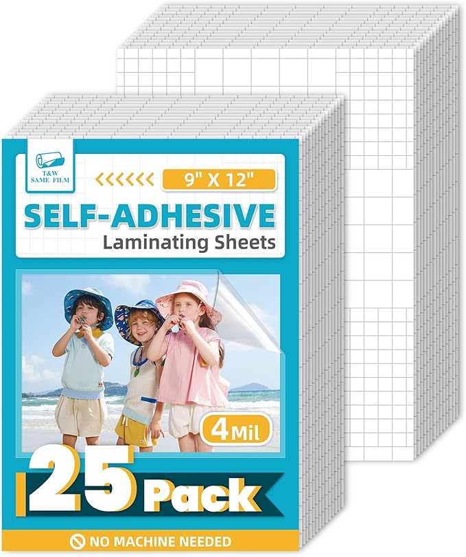 T&W SAME FILM 25 Pack Self Adhesive Laminating Sheets, 4mil, 9 x 12 Inch Laminator Sheets, Self Sealing Laminating Sheets for Laminator, Round Corner, No Heat, No Machine Needed-Waterproof