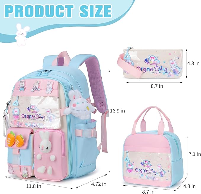 Backpack for Girls Cute Bookbag Set with Lunch Box Pencil Case Kawaii Bunny School Backpacks for Girl 3 Pcs Kindergarten Elementary Preschool Middle Sequin School Bag for Girls (Bluepink)