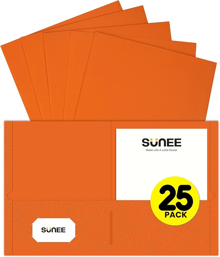 SUNEE Folders with Pockets (25 Pack, Orange), 2 Pocket Folders Fit Letter Size Paper, Paper File Folder for School Office Home Bussiness