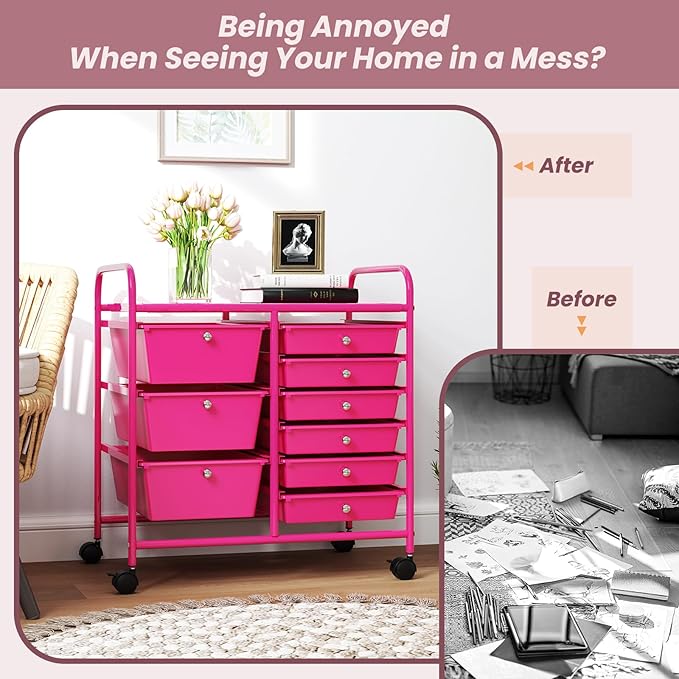 COSTWAY Rolling Storage Cart with 9 Drawer, Mobile Utility Cart with Metal Frame, Art Supply Craft Organizer, Multipurpose Storage Organizer for Paper, Office, School Teacher, Classroom, Hot Pink
