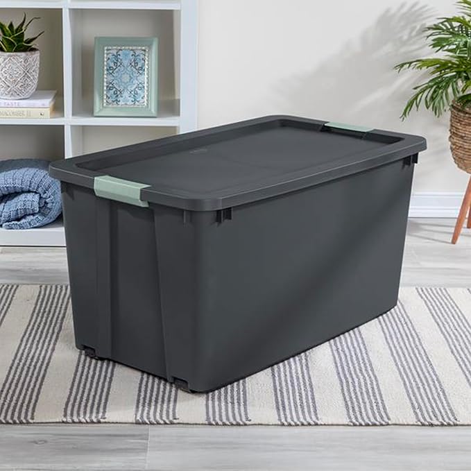 Sterilite 16 Pack 45 Gallon Wheeled Latch Tote, Stackable Plastic Storage Bin, Gray/Green