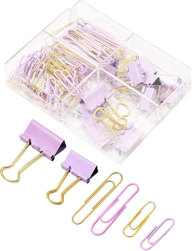 LIONSOUL Paper Clips Binder Clips Assorted Size, 165 Pcs, Cute Paperclips for Document Organizing, Colored Binder Clips Paper Clips Set for Office, School, Home Supplies(Purple)