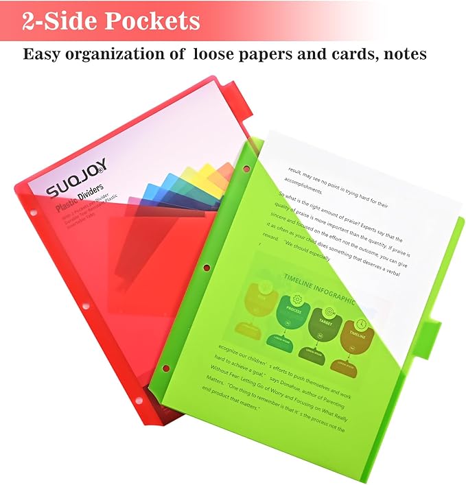Binder Index Dividers with Tabs, 24 Count 3 Ring Binder Dividers with Pockets, 8 Tab Dividers for 3 Ring Binder, Plastic Sheet Protectors for US Letter Size, 8 Color Tab Dividers,3 Packs