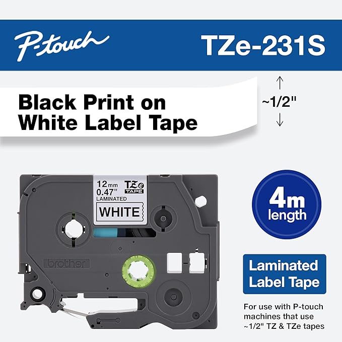 Brother Genuine P-Touch TZe-231S Economy Label Tape, Standard Laminated P-Touch Tape, Black on White, Perfect for Indoor or Outdoor Use, Water Resistant, (4M), Single-Pack