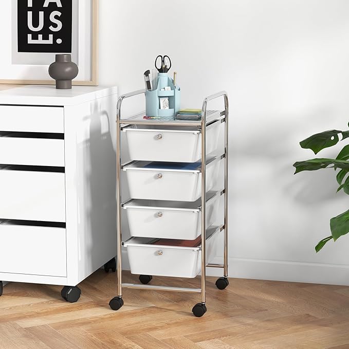COSTWAY Rolling Storage Cart with 4 Drawers, Plastic Storage Cart and Organizer w/ 4 Removable Drawers, Multipurpose Organizer Cart for Home Scrapbook Paper Office School Tools (Clear)
