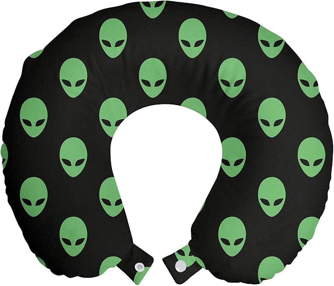 Ambesonne Alien Travel Pillow Neck Rest, Supernatural Martiansal Beings from Other Planets Head of an Alien, Memory Foam Traveling Accessory for Airplane and Car, 12", Fern Green Black