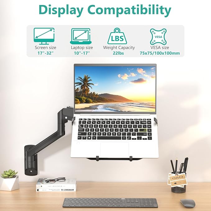 WALI Single Arm Laptop and Monitor Wall Mount for 17" Notebook and Up to 32" Screen, Full Motion Adjustable Wall Mount with Laptop Tray, VESA 75x75 100x100, Holds 15.4-22 lbs, Black (GSWM001LP)