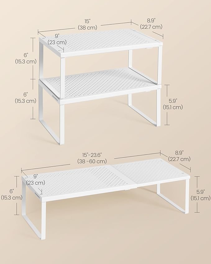 SONGMICS Spice Racks, Set of 4 Expandable Kitchen Countertop Shelves, Small Cupboard Organizers, Metal, Space-Saving Tabletop Shelves, Matte White UKCS404WC01