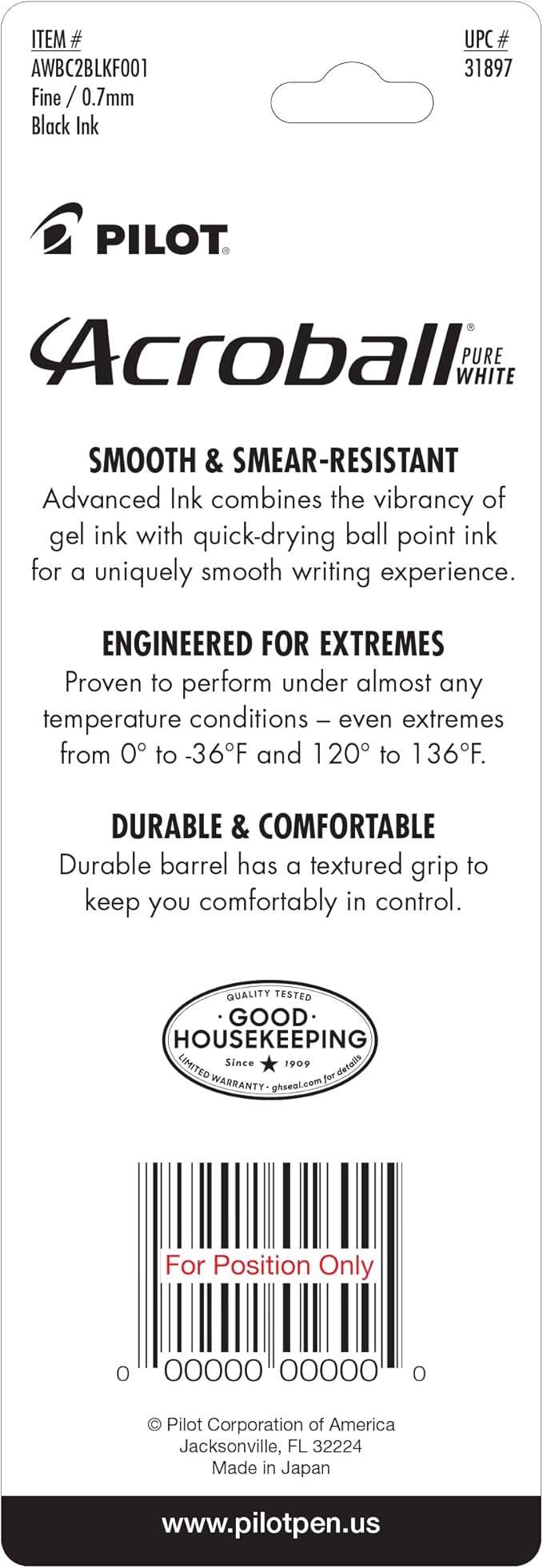 PILOT Acroball PureWhite Advanced Ink Refillable & Retractable Ball Point Pens with Silver Accents, Fine Point, Black Ink