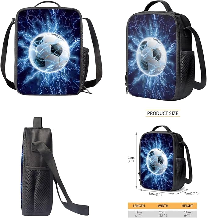 CLOHOMIN Lightning Football Backpack with Lunch Box Set of 3 Large Capacity Bookbag Boys Lunch Bag Pencil Holder for Kids Ages 12-14 Middle School Bag with Lunchbox for Boys, Blue