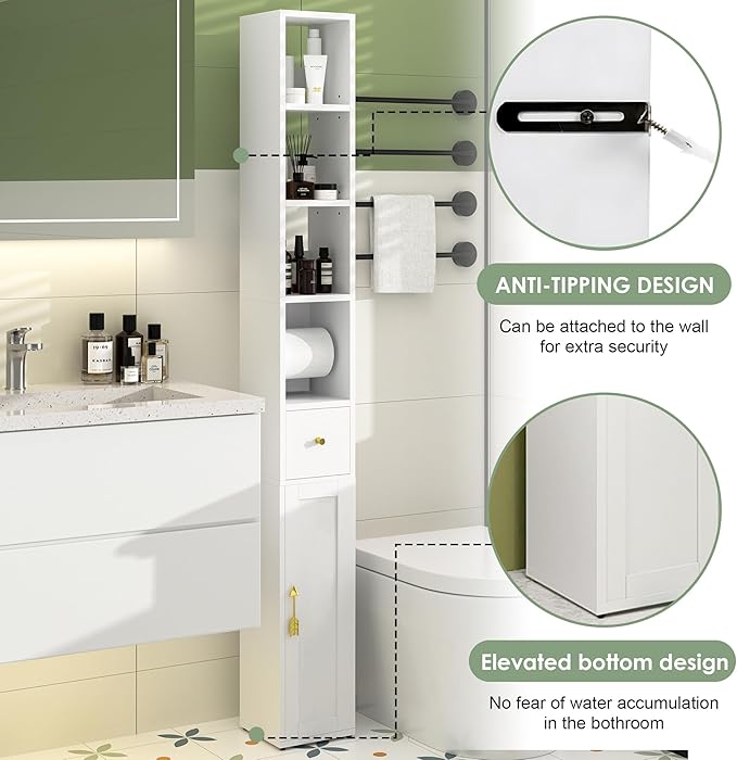 VECELO Narrow Bathroom Storage Cabinet with 3 Adjustable Shelves, 67" Tall Freestanding Cabinet with Toilet Paper Holder, Slim Tower Cabinet with Magnetic Door & Drawer, for Small Spaces, White