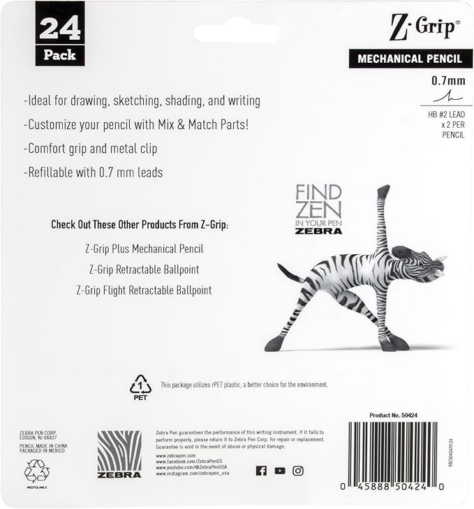 Zebra Pen, Z-Grip Mechanical Pencil, Smooth Writing, Latex-Free Grip, 0.7mm Lead, #2 HB, Pre-Loaded with Lead and Eraser, for School, Office, Everyday Use, Assorted Colors, 18-Pack, (50424)