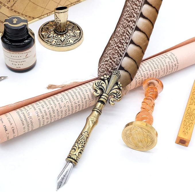 GC QUILL Antique Quill Pen Unique Half-Patterned Feather Pen Set with 6 Nibs 1 Bottle of Ink 1 Seal Stamp 1 Pen Holder 1 Sealing Wax LL-149