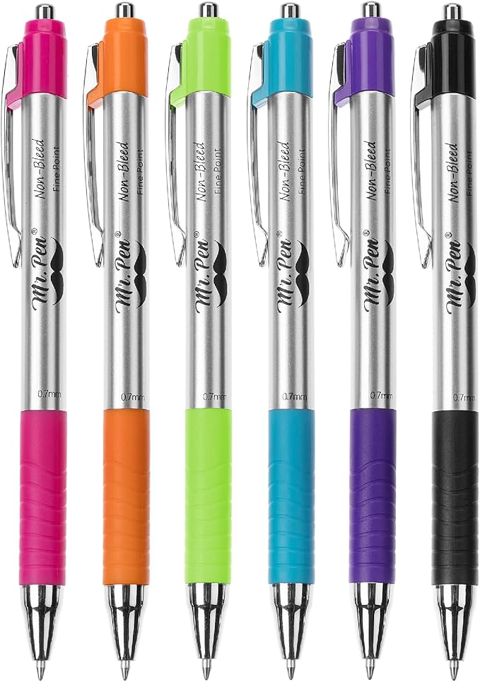 Mr. Pen No Bleed Pens, Bible Pens, Fine Tip, Assorted Color, Pack of 6