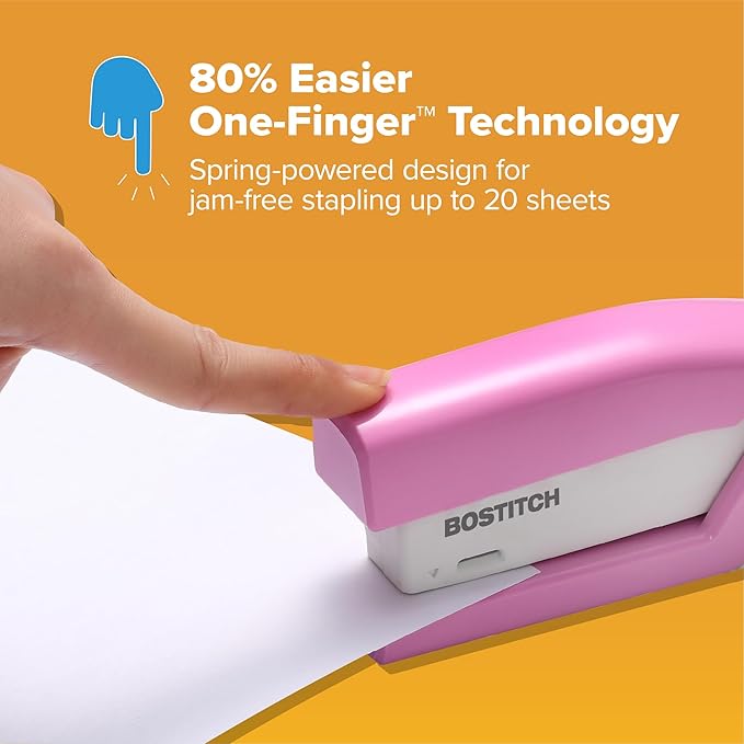 Bostitch Office InCourage Spring-Powered Compact Stapler, BCA Pink (1588), plastic-half strip