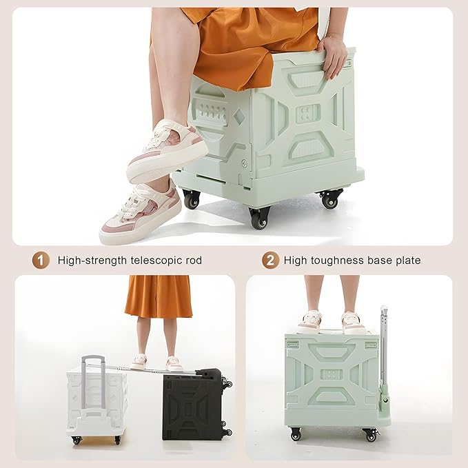 VECELO Rolling Carts with Wheels, Foldable Utility Cart, Light Weight Platform Trucks Dolly, with Recessed Design for Lids, 4 Heavy Duty Wheels, Ideal for Shopping, Camping, Teachers, Mint Green