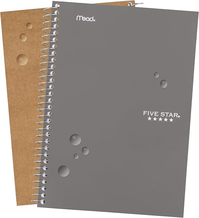 Five Star Spiral Notebook, 2 Subject, College Ruled Paper, 6" x 9-1/2", 80 Sheets, Fights Ink Bleed, Water Resistant Cover, Gray (840029AA3-ECM)