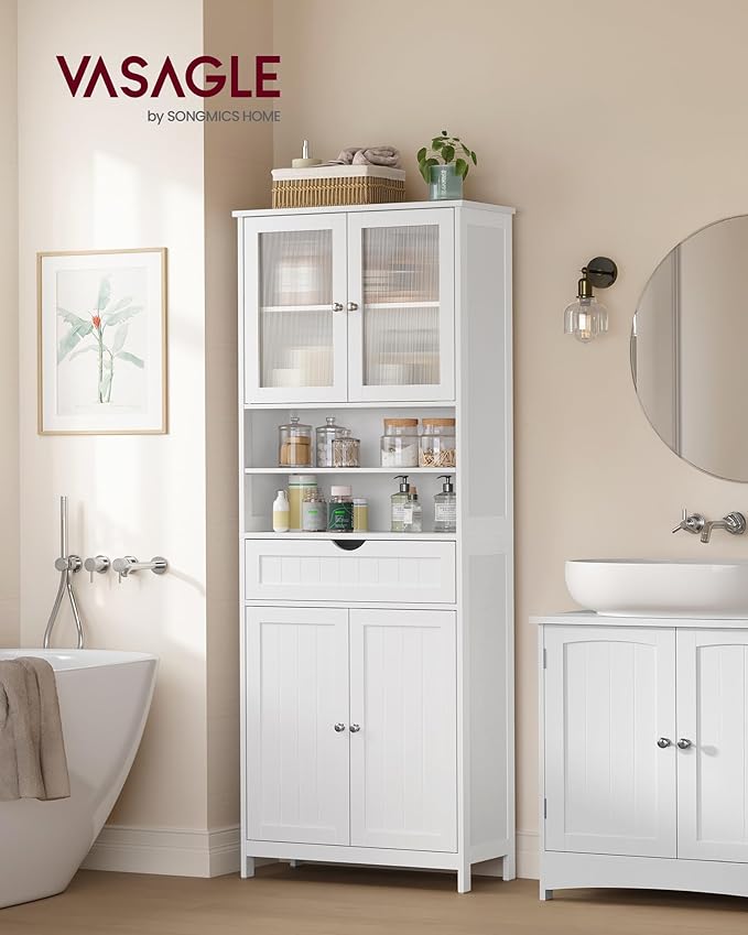 VASAGLE Storage Cabinet, Freestanding Storage Unit with Adjustable Shelves, Drawer, Open Compartments, for Bathroom, Living Room, Kitchen, Cloud White UBBC768WH01S