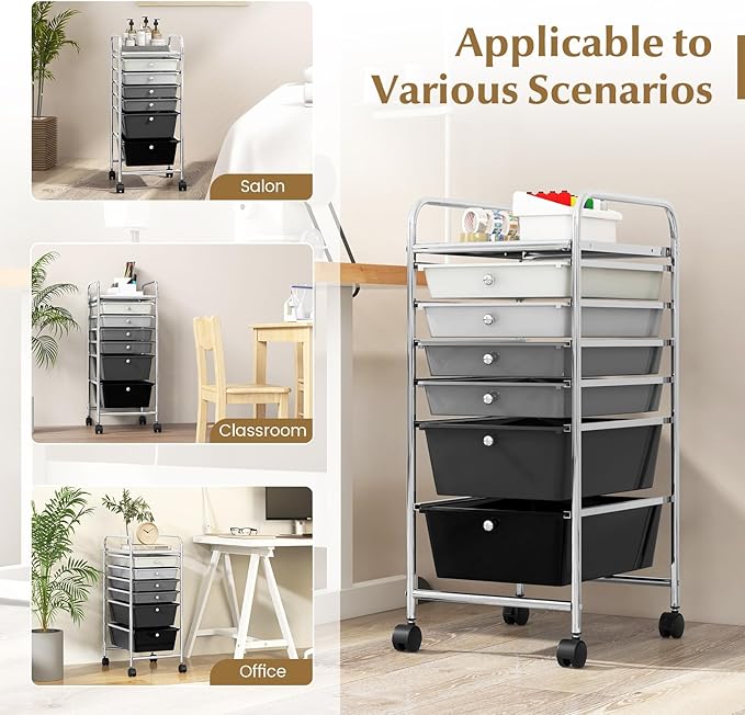 COSTWAY 6-Drawer Rolling Storage Cart, Multifunctional Art Craft Tools Organizer on Wheels, Heavy Duty Utility Mobile Storage Trolley w/ 2 Lockable Wheels for Home Office School, Mixed Black