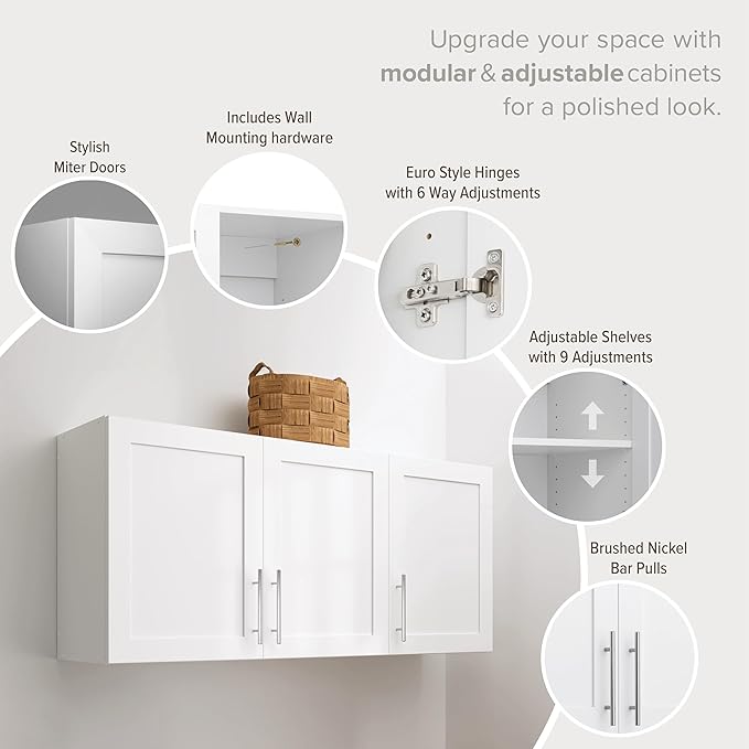 Prepac Elite 54" W Wall Cabinet with Panel Doors, White Storage Cabinet, Bathroom Cabinet, Pantry with 1 Adjustable Shelf 12.75" D x 54" W x 24" H, WSUR-1004-1