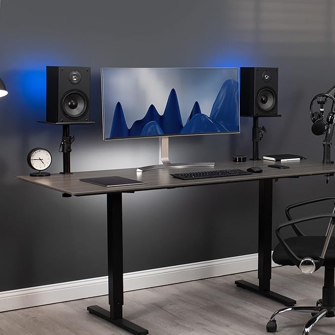 VIVO Clamp-on Speaker Stand Desk Mount Set, 10 x 9 inch Trays, Height Adjustment and Tilt, Universal Audio Holders for Computer and Bookshelf Speakers, Elevated Sound, 2 Pack, Black, MOUNT-SP01CB