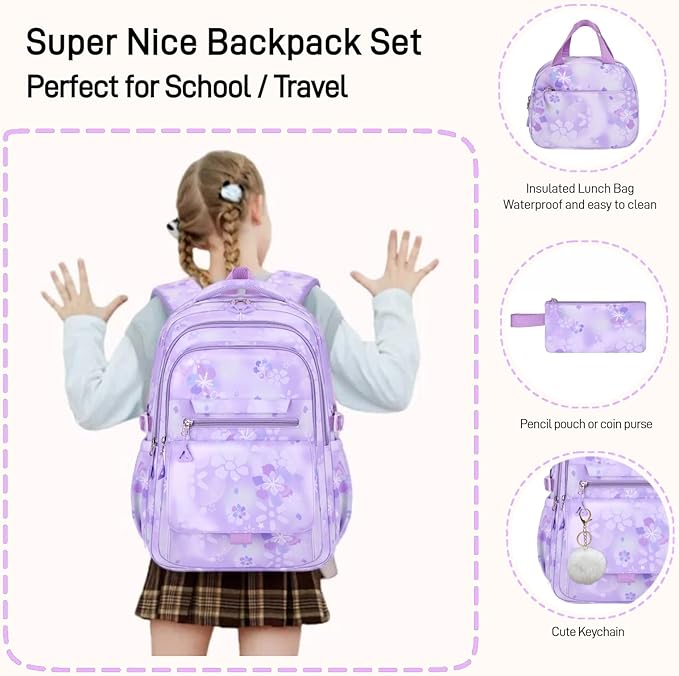 3Pcs Set Backpacks for Girls Teen, Cute Flowers School Bag Girls Bookbags with Lunch Box Pencil Bag, Multi-Pockets Kids Backpack for Elementary & Middle School, Purple