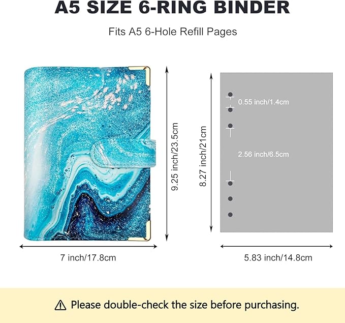 A5 Refillable 6 Ring Faux Leather Budget Binder,Mini Notebook Binder Cover for A5 Filler Paper,Loose Leaf Personal Planner Cover with Magnetic Buckle Closure(Marble Blue)