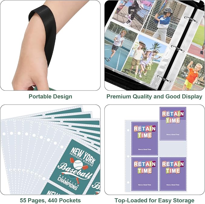 440 Pockets Trading Card Binder, PU Cover Zipper Card Collection Album, Sturdy Card Folder Holder for MTG, TCG, Game Cards, Sports Cards