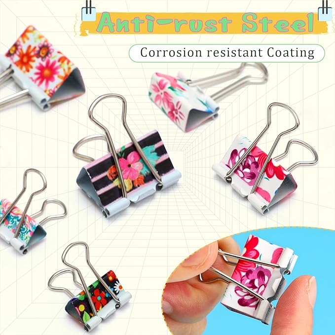 Cholemy 112 Pcs Cute Binder Clips With Box - 3 Sizes Floral Office Supplies Colored Large Medium Small Assorted Size Metal Decorative Paper Clips for Office School, 0.75 Inch, 0.98 Inch, 1.26 Inch