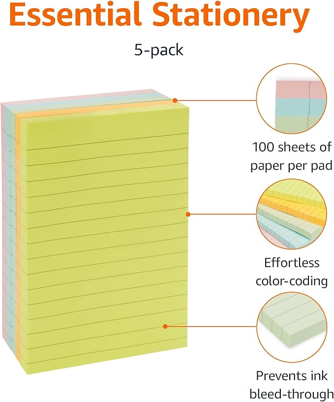 Amazon Basics Lined Sticky Notes, 4x6" Self-Stick Pads with Clean Removal Adhesive for To Do List, Home, Office, Notebook, Assorted Colors, 100 Sheets/Pad, Pack of 5