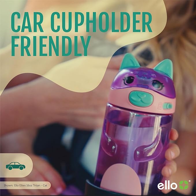 Ello Ellies 16oz Plastic Kids Water Bottle with Straw and Built-in Carrying Handle and Leak-Proof Locking Lid for School backpack, Lunchbox and Outdoor Sports, Cat