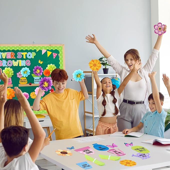 73 Pcs Flower Bulletin Board Decoration Set with 3D Paper Flower Never Stop Growing Classroom Decor Inspirational Bulletin Board Decor for Motivational Classroom School Home Chalkboard Wall