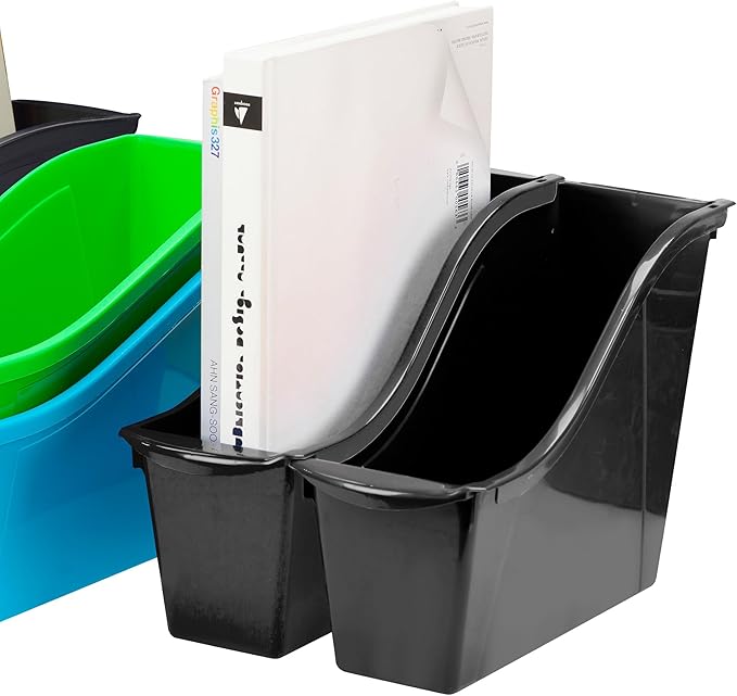 Storex Small Book Bin - Interlocking Plastic Organizer for Home, Office, and Work Space - Black, 6-Pack (70123E06C)