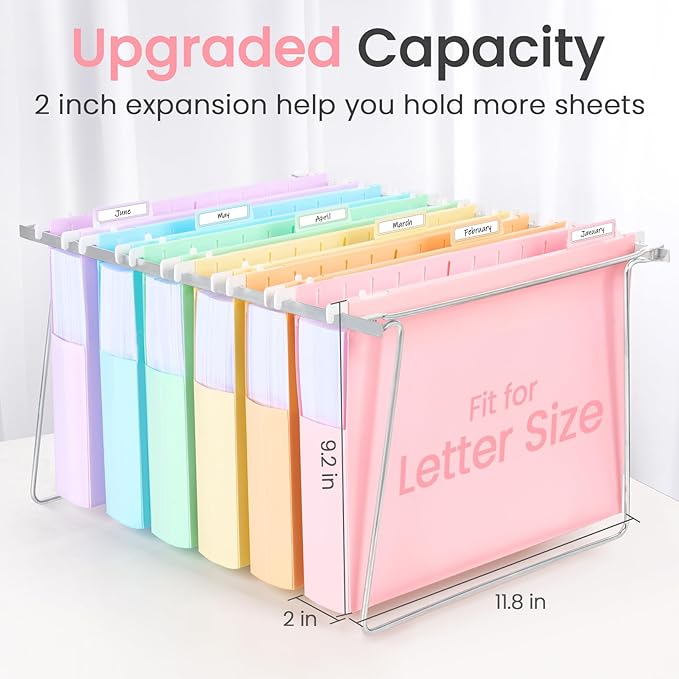 Sooez Extra Capacity Plastic Hanging File Folders, 6 Count Expanding File Folders Letter Size with 2" Expansion, File Organizer with 1/6-Cut Adjustable Tab for File Cabinet, Drawer, Pastels Colors