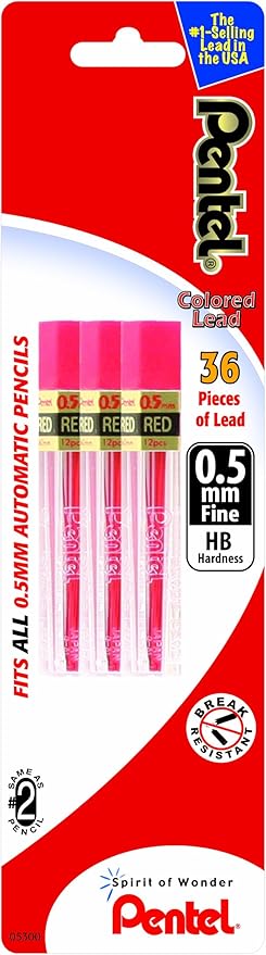 Pentel Refill Lead, 0.5mm, Fine, Red, 12 Pieces Per Tube, 3 Pack (PPR5BP3-K6)