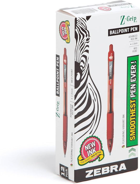 Zebra Pen Z-Grip Retractable Ballpoint Pen, Smooth-Flowing Red Ink, 1.0mm Medium Point, School & Office Supplies, Ideal for Note-Taking, Journal and Planner Use, 12-Pack (22230)