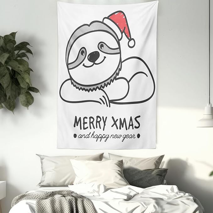 Ambesonne Sloth Tapestry, Smiling Animal Christmas Hat Merry Xmas and Happy New Year Celebration, Wall Hanging for Bedroom Living Room Dorm Decor, 40" X 60", Grey Red Black