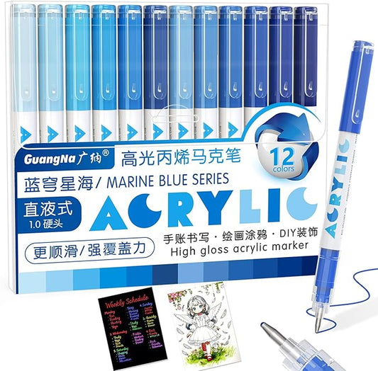 Redfun Acrylic Gel Pens, 12 Pcs Blue Liquid Ink Highlighter Markers, 1mm Fine Tip Acrylic Paint Markers for Coloring Books, Drawing, Journaling, Scrapbooking Christmas Stocking Stuffers
