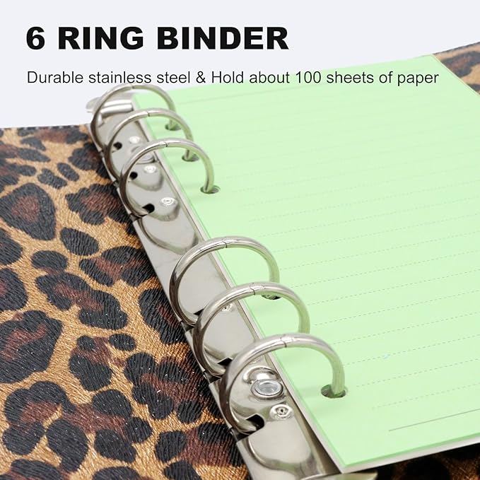 A5 Refillable 6 Ring Faux Leather Budget Binder,Mini Notebook Binder Cover for A5 Filler Paper,Loose Leaf Personal Planner Cover with Magnetic Buckle Closure(Leopard)